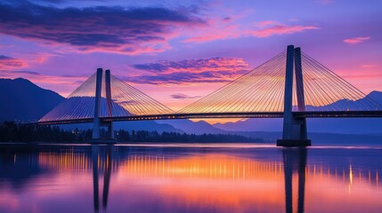 Obraz premium Vancouver's Golden Ears Bridge at sunset, its cable-suspended span creating a striking silhouette over the Fraser River.