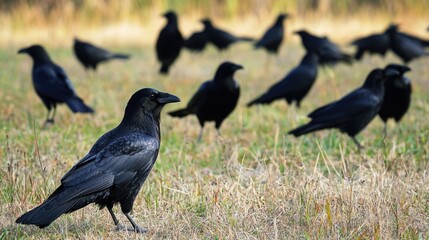 Obraz premium Gathering of Crows: Mysterious Birds in a Field