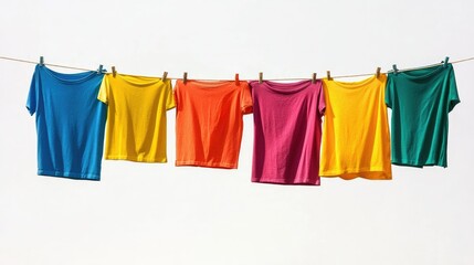 Vibrant colorful t-shirts drying on a washing line, gently swaying against a white backdrop, isolated.