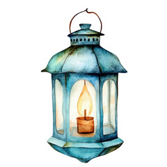 Watercolor Lantern with Glowing Candle, Warmth and Hope in the Dark.