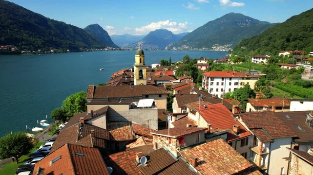 Switzerland scenic places, Lugano lake, charming village Brusino Arsizio (canton Ticino) aerial drone 4k video