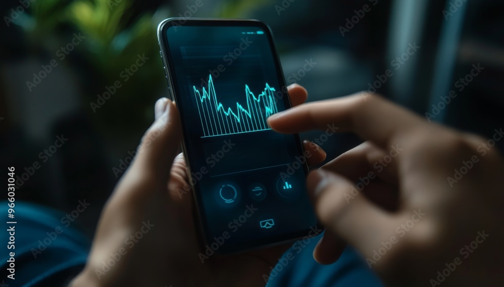 Poster a person interacting with a smartphone displaying a data graph, indicating analysis or tracking of i
