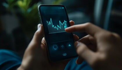 A person interacting with a smartphone displaying a data graph, indicating analysis or tracking of information.