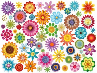 A Simple Clip Art Image Featuring A Collection Of Colorful Flowers In Various Shapes And Sizes