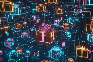 Illustration of Cyber Monday online shopping, neon lights, and shining gift boxes in 3D