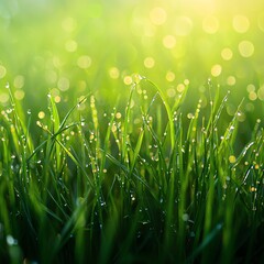 Fototapeta premium A close-up of dewy grass blades glistening in the sunlight, creating a refreshing and serene natural atmosphere.