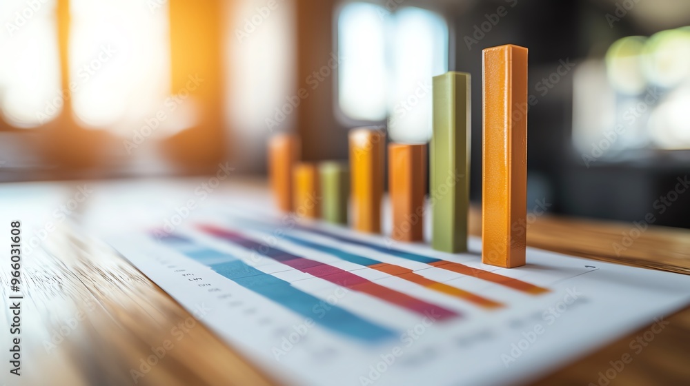 Poster a close-up view of colorful bar graphs highlighting data trends on a business report for effective a