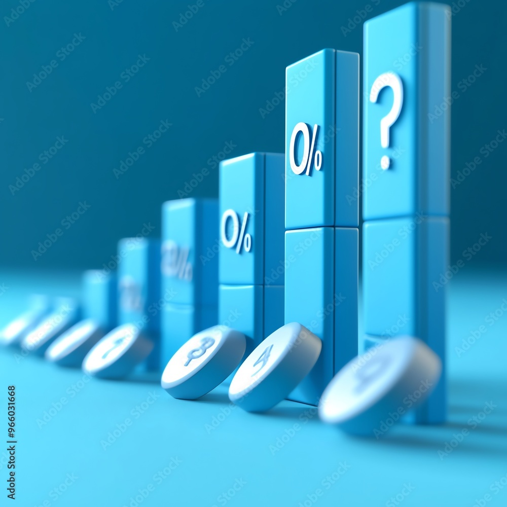 Poster a conceptual image illustrating financial growth with blue blocks and percentage symbols, representi