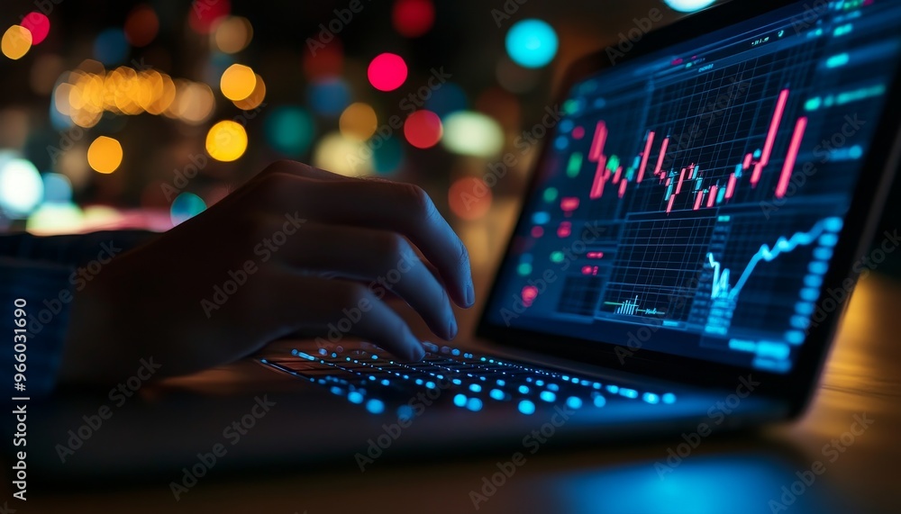 Poster a person analyzing stock market data on a laptop, illuminated by colorful bokeh lights in the backgr