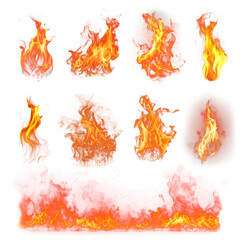 Fire flame effect png element set, transparent background