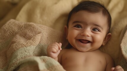 Joyful Newborn Indian Baby Smiling Under Soft Beige Blanket, Celebrating New Beginnings and Innocence