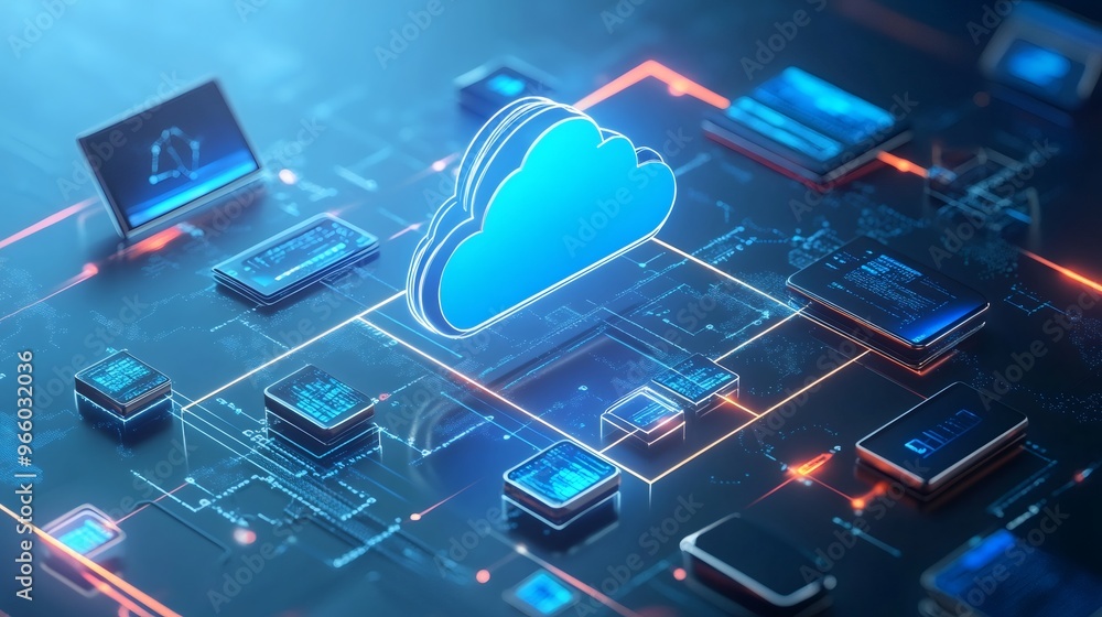 Poster a cloud icon hovering over a futuristic network of data processing units.