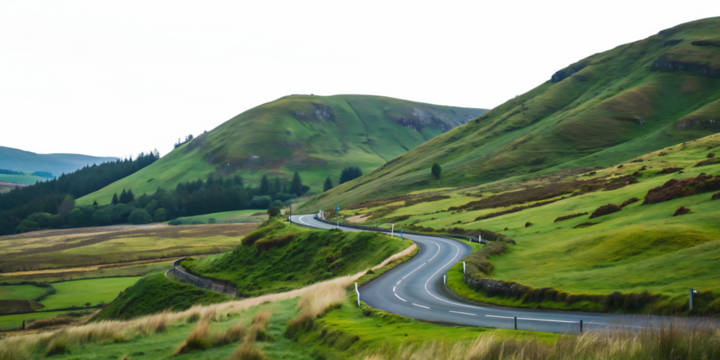 Winding mountain road through grassy hills PNG , on white background.AI GENERATED - Powered by Adobe