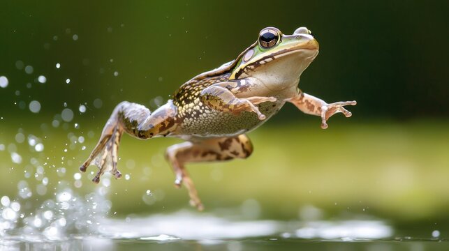 Leaping Green Frog: A vibrant green frog leaps from the water, its powerful hind legs propelling it forward with a burst of energy. The water splashes around it.