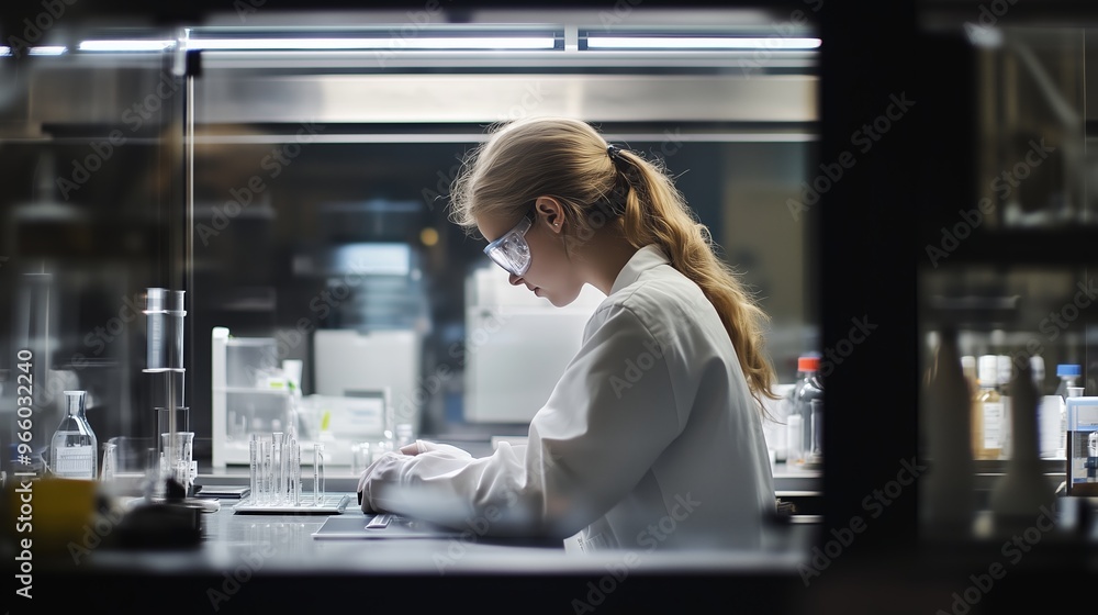 Poster scientist conducting experiments in a lab setting with glassware and equipment during daylight hours