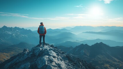 A lone hiker stands on a mountain peak, overlooking a breathtaking landscape under a clear blue sky during sunrise.