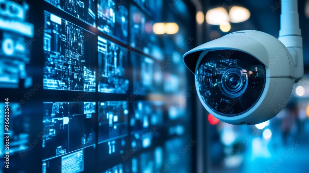 Poster a security camera with a wide-angle lens mounted on a wall, with several monitors displaying securit