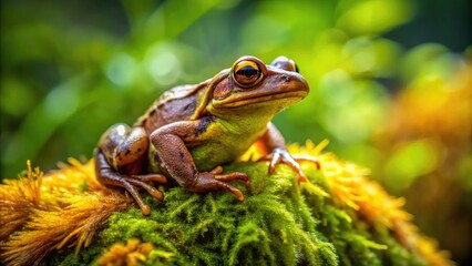 Fototapeta premium A small brown frog with vibrant yellow eyes perches on a moss-covered stone, blending into the lush green forest surroundings with remarkable camouflage.