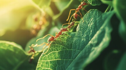 Fototapeta premium A colony of ants working together to carry leaves, forming a complex network of teamwork and cooperation. Macro shot with focus on texture and natural light.