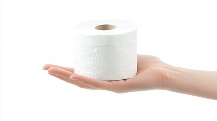 Fototapeta premium hand presenting a soft white toilet paper roll representing sanitation and hygiene necessities on a clean background