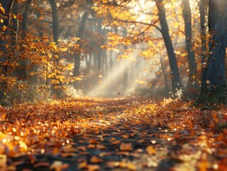 Sunlit autumn forest path with vibrant orange leaves on the ground, creating a warm and serene atmosphere.