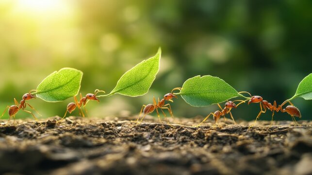 A colony of ants working together to carry leaves, forming a complex network of teamwork and cooperation. Macro shot with focus on texture and natural light.
