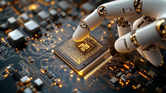 An AI robot hand is holding a computer chip for connecting various motherboard systems.