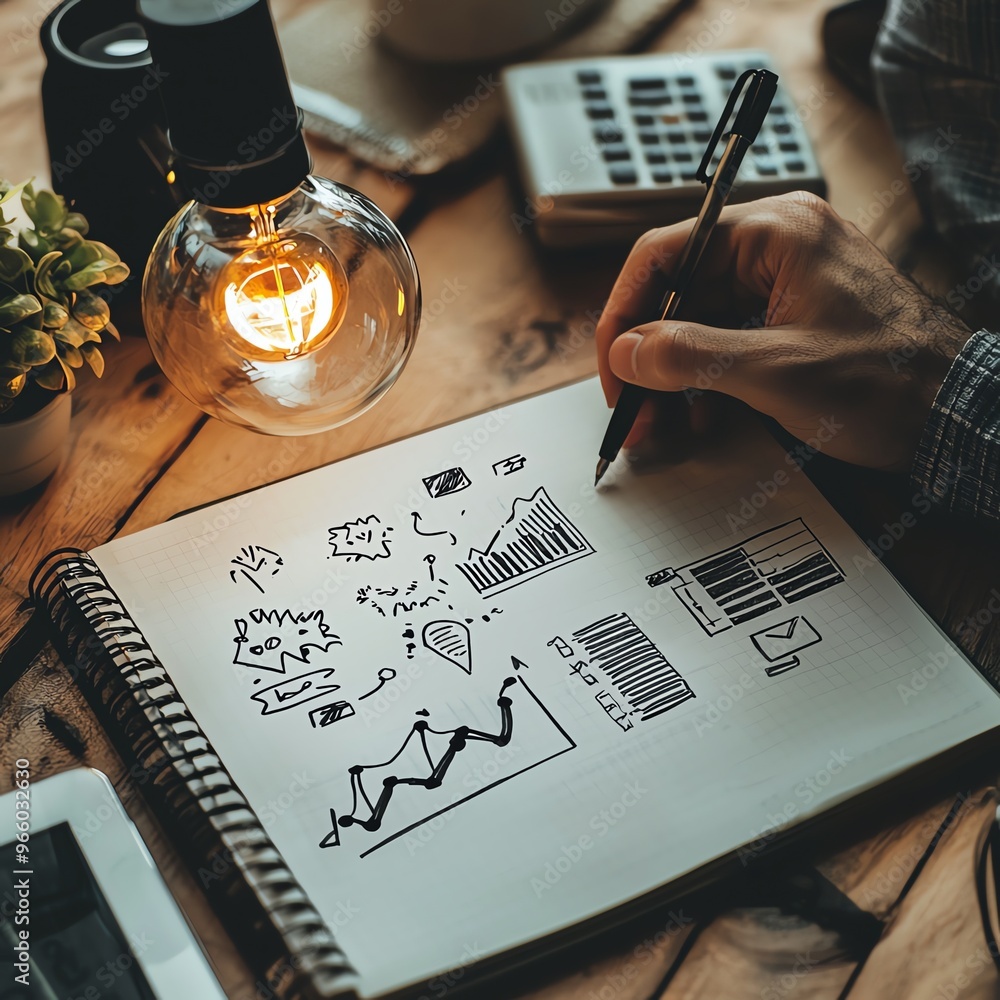 Poster a person sketches business concepts and graphs on a notepad, surrounded by a cozy workspace with a w