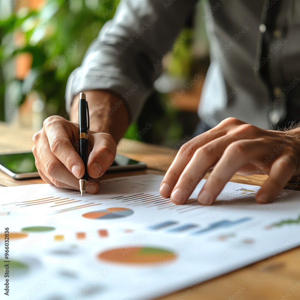 Poster a professional analyzing data with charts and graphs, capturing insights for strategic planning and 