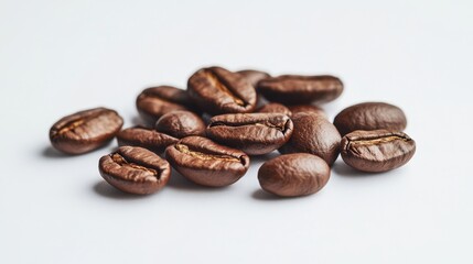 Close-up of coffee beans isolated against a plain background, showcasing their rich texture and deep brown color. Perfect for a minimalist yet flavorful image.