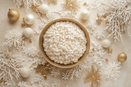 Digital newborn backdrop with a golden bowl, soft fluffy texture, and festive Christmas decorations in white and gold