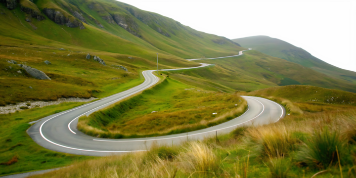 Winding mountain road through grassy hills PNG , on white background.AI GENERATED