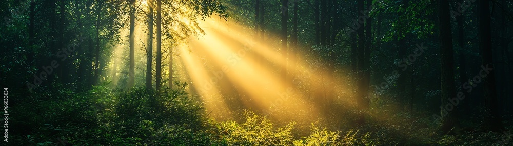 Aufkleber a serene forest scene with sunlight streaming through trees, creating a tranquil and magical atmosph