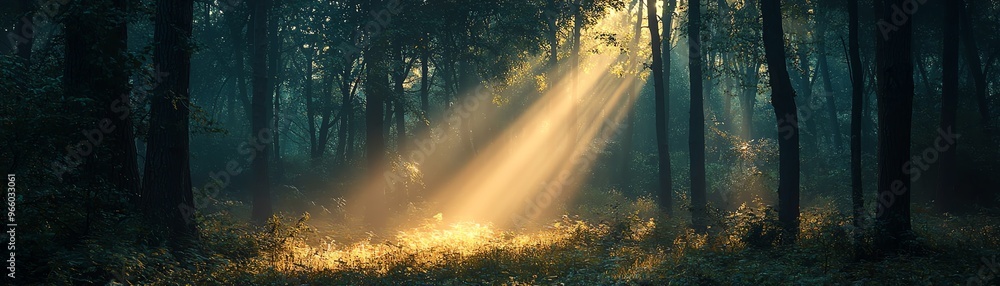Poster a serene forest scene with soft rays of sunlight illuminating the woodland floor, creating a tranqui