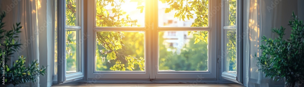 Poster a serene indoor window view capturing sunlight filtering through leaves, creating a warm, inviting a