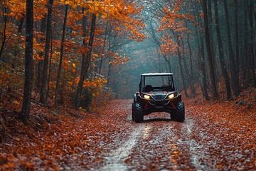 an ATV on a deserted autumn forest path, with colorful fallen leaves and a tranquil atmosphere