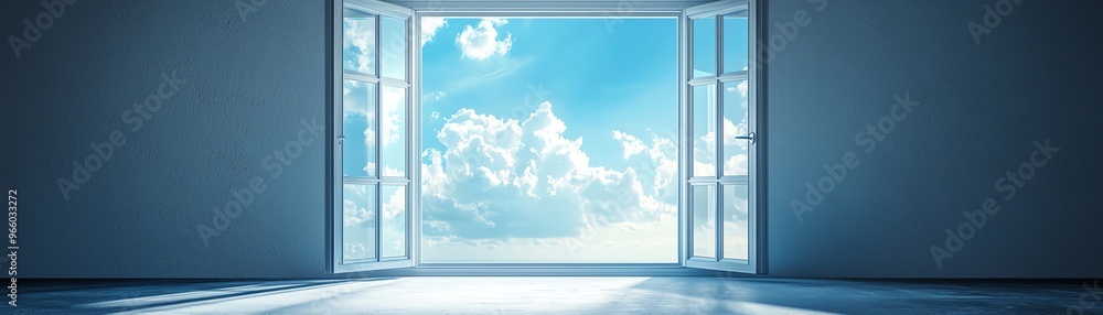 Poster a serene view of an open window with clear blue skies and fluffy clouds, inviting tranquility and fr