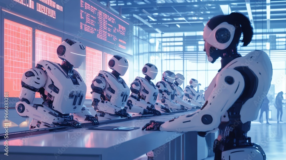 Poster a team of white humanoid robots sit at a table in a futuristic workspace. one robot walks by, lookin