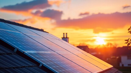 Close-up of Solar Panels on Urban House Roof During Golden Hour - AI generated illustration.