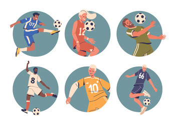 Fototapeta premium Isolated Vector Round Icons Or Avatars With Cartoon Football Players Male Female Characters In Dynamic Poses