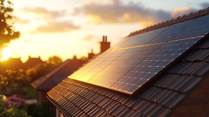 Close-up of Solar Panels on Urban House Roof During Golden Hour - AI generated illustration.