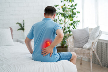 Back pain, kidney stones, inflammation and disease, man suffering from backache at home