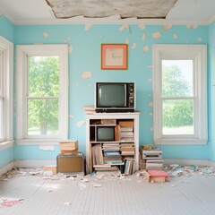 A vintage living room with peeling paint and a retro TV surrounded by books, capturing an abandoned yet nostalgic atmosphere.