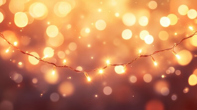 Glowing string lights overlay on a soft bokeh background, evoking a festive, warm atmosphere perfect for holiday themes.