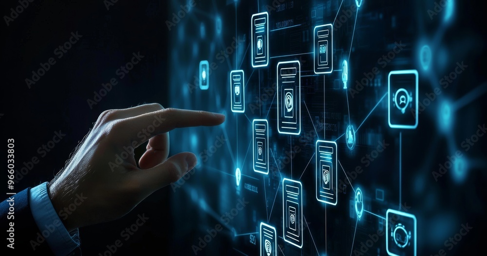 Poster using biometric security technology to access personal financial data on a mobile phone, with a mobi