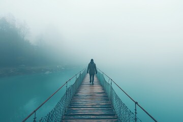 Obraz premium A solitary figure walks across a misty bridge, surrounded by serene water and ethereal fog, evoking a sense of mystery and solitude.