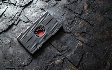 A vintage VHS tape resting on a textured stone surface, evoking nostalgia for past media formats.