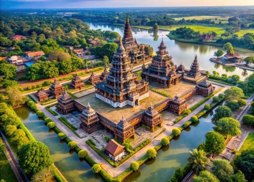 A Stunning Aerial View Of A Vast Temple Complex With Intricate Towers And Sprawling Courtyards, Surrounded By A Tranquil River And Lush Vegetation.