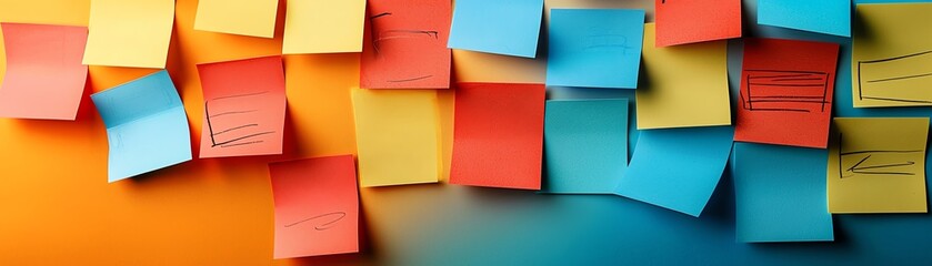 Fototapeta premium A vibrant collection of sticky notes in various colors arranged creatively against a bright background, ideal for organization.