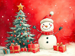 Fototapeta premium Christmas illustration, snowman standing next to the Christmas tree with gifts on the ground, red background